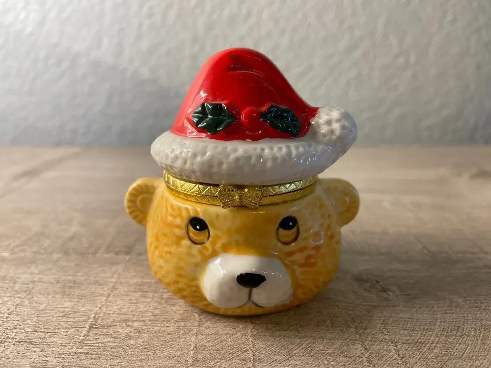 Miniature Ceramic Bear Wearing Christmas Hat Trinket Box / Jewelry Box